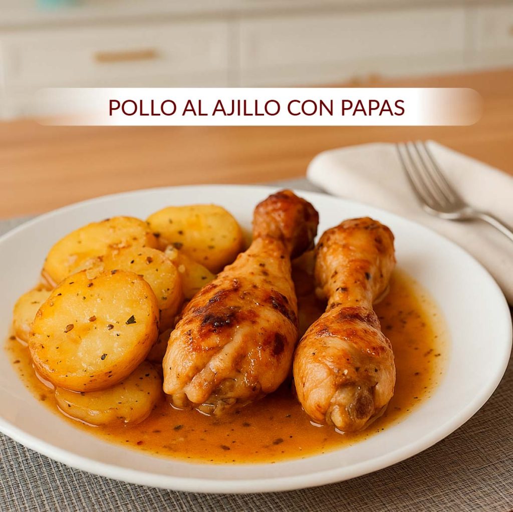7. Pollo al ajillo con papas